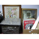 A Slope Front Brass Covered Coal Box, oak framed fire screen, gilt framed print, lp's posters