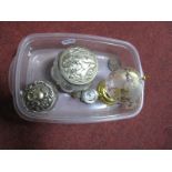 A Miniature Ornamental Globe, two Avon ornate lidded glass jars, a vintage bow bar brooch,