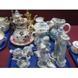 Mason's Hydra Jugs, beer stein, gilt porcelain coffee service, model figures and bird groups:- Two