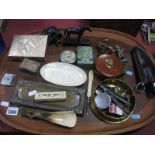 A Leather Cased Tape Measure, Taylors of Sheffield knife, playing cards etc, including the tray.