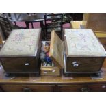 A Pair of XX Century Oak Sewing Boxes, with upholstered tops, on turned feet. Together with a box