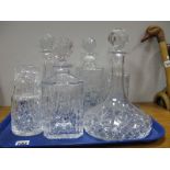 Five Cut Lead Crystal Decanters, including two Whisky, two ships decanters, carafe also noted:-
