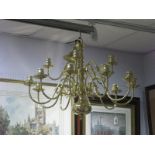 Gilded Fifteen Branch Ceiling Light, with lower bulbous drop.