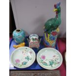 Chinese Pottery Figure of an Exotic Bird, Chinese censor, bowl etc, pair of Chinese plates:- One
