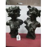 A Pair of Art Nouveau Spelter Busts, of Cleopatra and Salammbo, raised on tapering rectangular