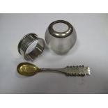 A Hallmarked Silver Mounted Spherical Glass Match Strike, a Swedish spoon and a hallmarked silver