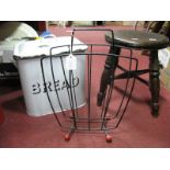 Victorian Elm Stool, enamel bread bin and a 1960's magazine rack. (3)