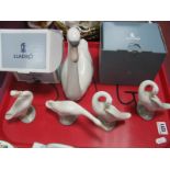 Lladro Pottery Swan E4N. Boxed small swan with chicks and other swan, four others unboxed. (7).