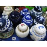 Oriental Ginger Jars, mostly in blue and white with prunus blossom decoration, celedon plate etc One