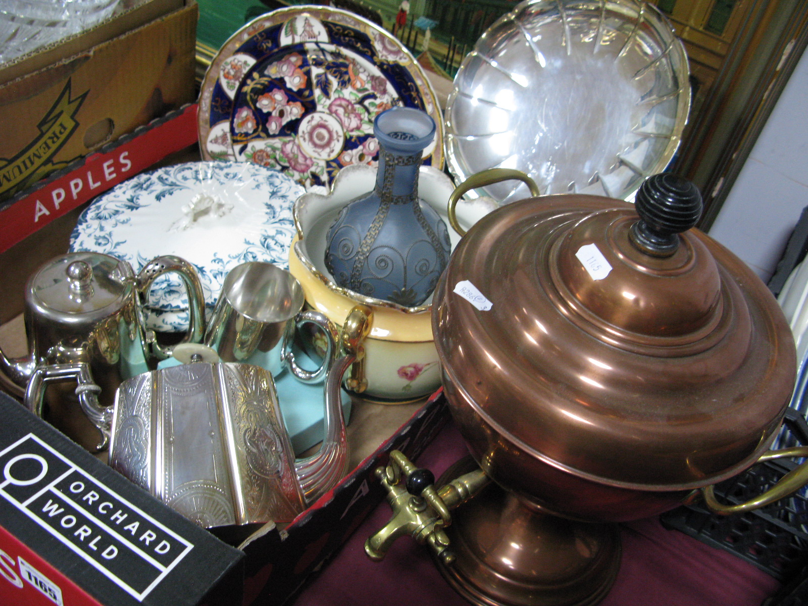 Britannia Metal Tea Pot, Walker & Hall hot water jug, dish, Masons plate, glass vase etc:- One Box