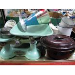 FJ Thornton and Co Scales and Weights, stoneware mixing bowl and lidded tureens, Tala 'Cooks'