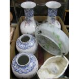 A Marbled Glass Ceiling Shade, Falcon 'Budgie' vase, pair of Italian vases, height 35cm and a pair