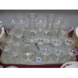 Cut Glass Champagnes Glasses, wine glasses, celery vase, decanters, etc.:- One Tray.
