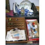 Sewing Box With Contents, patterns, dolls house furniture (plastic, Diecast and porcelain noted),