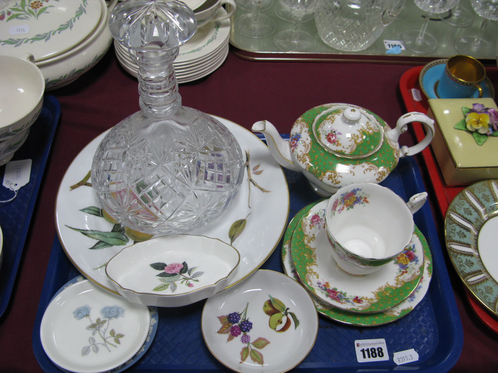A Cut Glass Decanter, Paragon "Rockingham" pattern, tea for one, trinket dishes etc:- One Tray