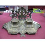 A Late XIX Century Brass Two Bottle Desk Standish,, with exotic bird decoration.