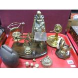 Brass Post Office Scales and Weights, cast brass bell of Queen Elizabeth I etc:- One Tray
