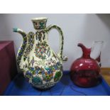 A XIX Century Cranberry Glass Jug, and a XIX Century Islamic jug- One Tray