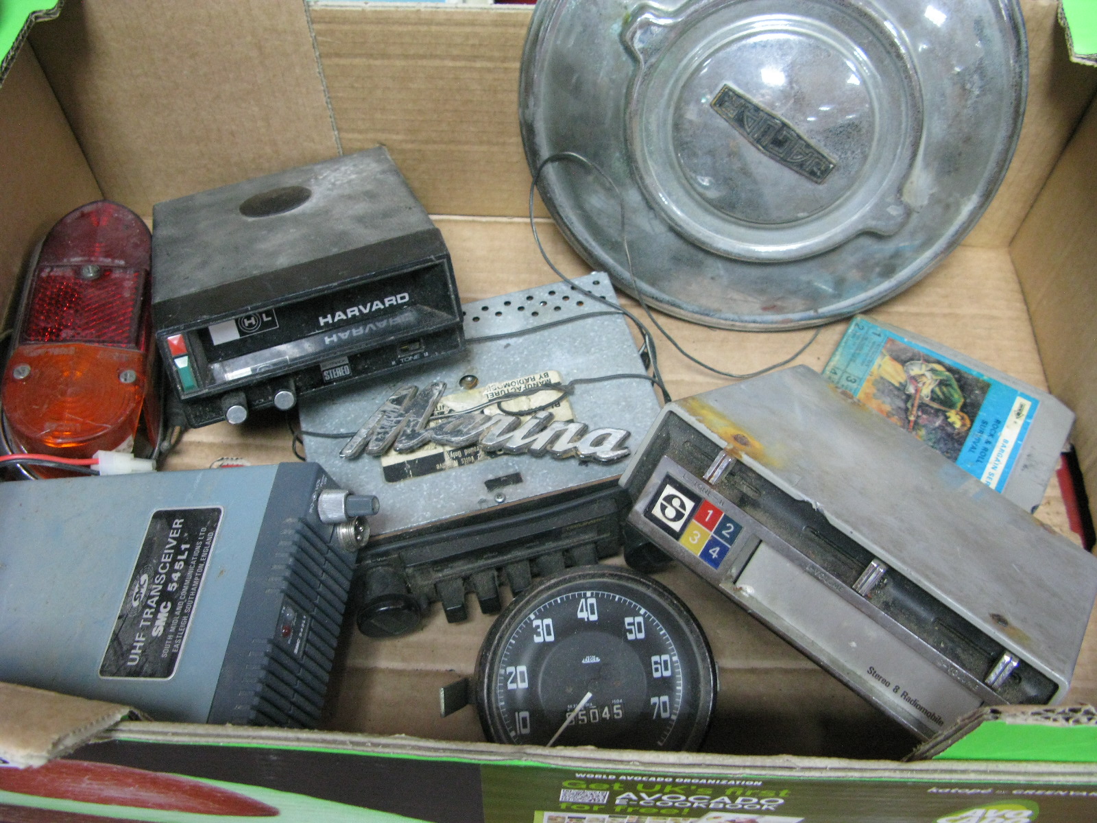 A Mixed Box of Vintage Car Parts, including 8 track tape players, Jaguar chrome wheel trim, etc :-