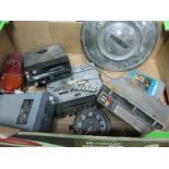 A Mixed Box of Vintage Car Parts, including 8 track tape players, Jaguar chrome wheel trim, etc :-