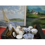 A Montague Dawson Colour Print 'Racing Wings', 49 x 74cm; and a oil study of a cottage landscape