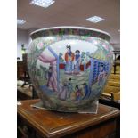 Large Oriental Pottery Planter, profusely decorated with Chrysanthemums and figures on terrace, fish