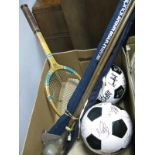 Sporting Lot - Two signed footballs by Derby Country Players, a vintage tennis racquet, fishing rods