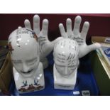 Two Reproduction Phrenology Heads, 23 cm and smaller, and two similar palmistry hands:- One Tray