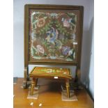 Oak Framed Needlework Firescreen, 50cm wide. Ebersol painted stool. (2).