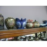 Two Late XX Century Oriental Lidded Jars, two vases, two Ironstone style jardiniere's plus bowl. (7)