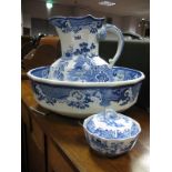 A Masons Ironstone Blue-White Willow Pattern Jug and Bowl, plus soap dish (damaged)