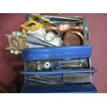 DIY Tools - saws, monkey wrench, hand drill, hammers etc - one box and one metal tool box. (2)