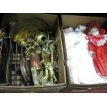 Oak Stationary Rack, onyx and oak mantel clock, brassware, linen etc:- Two Boxes.