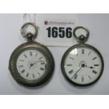 A Continental Cased Openface Fob Watch,(dial damaged) within engraved case, stamped "Fine Silver";