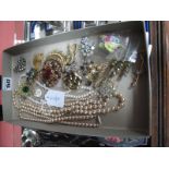 Assorted Costume Brooches, imitation pearls, 1966 six pence coin pendant:- One Tray