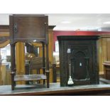 A Small Oak Corner Wall Cabinet, with arched carved door, mahogany pot cupboard. (2)