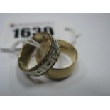 A Wide 9ct Gold Wedding Band Ring, another 9ct gold patterned wedding ring, inset highlight