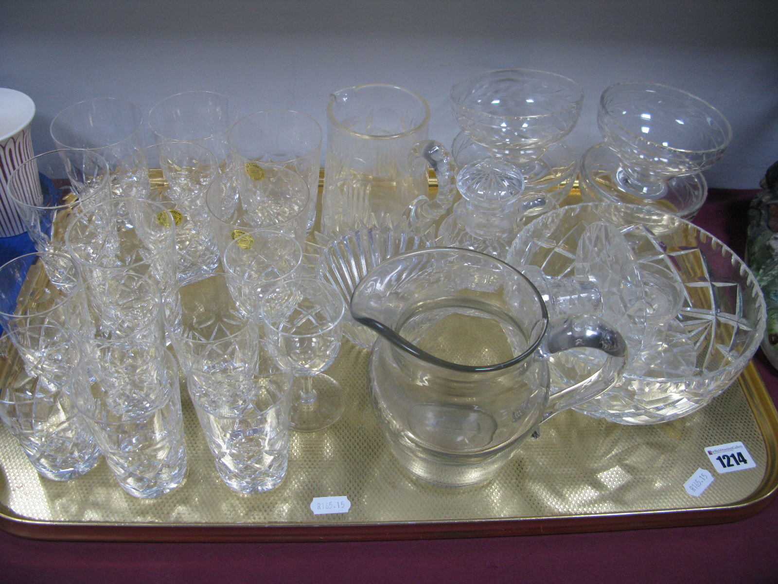 Webb Corbett Lead Crystal Tumbles, other cut glassware, candlesticks etc.:-One Tray.