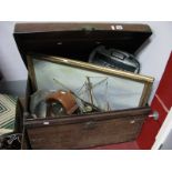 A Vaughan & Sons Steel Trunk, containing brass coal shuttle, candlesticks, garden sprayer, repro