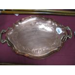 An Arts & Crafts Oval Copper Tray by Joseph Sankey & Sons, with shaped rim and brass handles,