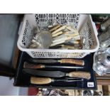 Assorted Plated Cutlery, including fish knives and forks, a three piece cruet set on shaped tray;