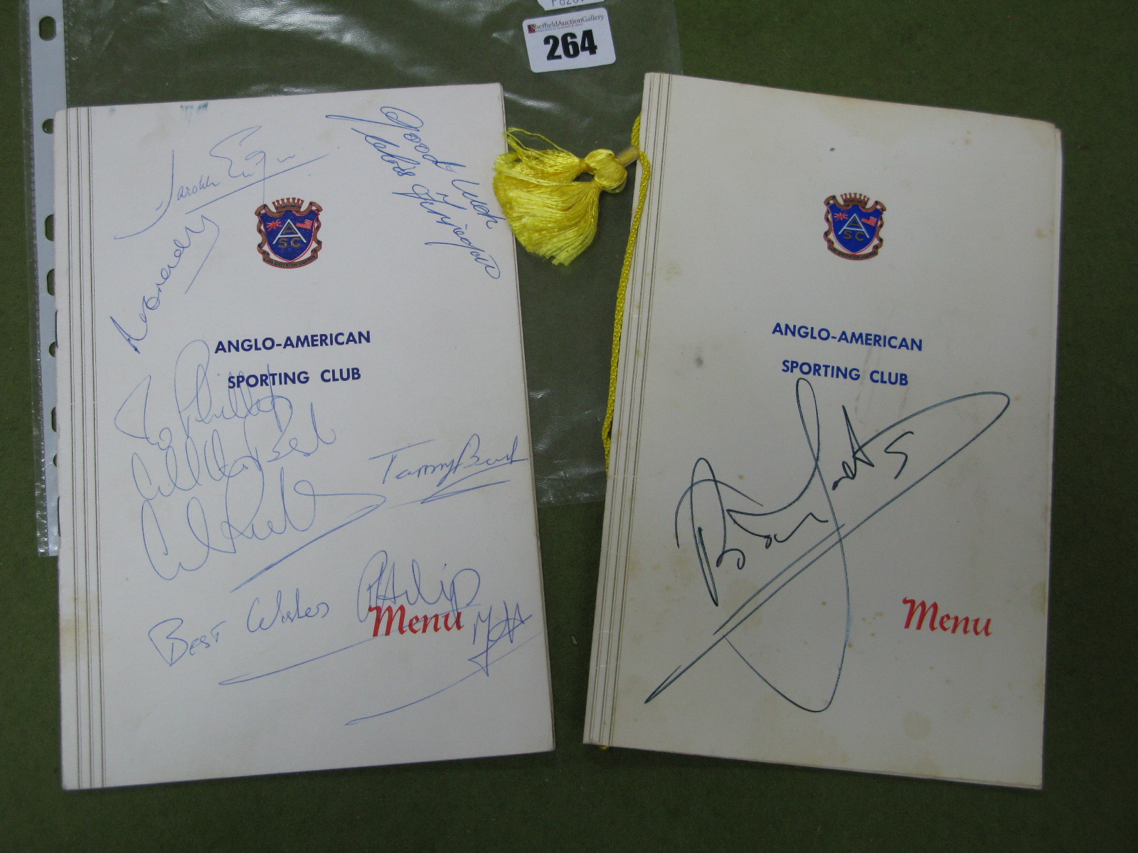 Anglo-American Sporting Club Menus, 1981 in honour of Brian Jacks, signed by Brian and Terry