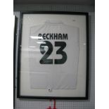 David Beckham Black Pen Autograph - Unverified, on the back of a white Shirt, bearing number '23'