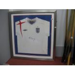 England Umbro White Home Shirt, black pen signed by Wayne Rooney (unverified), mounted, glazed and