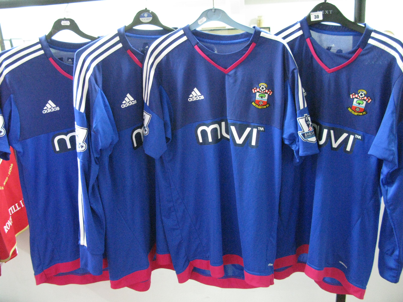 Southampton Adidas Blue Goalkeepers Shirts, bearing 'MUVI' logo, Premier League arm patches and