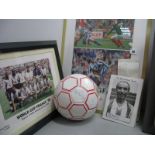 Stanley Matthews Ink Signed Football, and Rotherham United dinner menus, David Hurst 1993 F.A. Cup