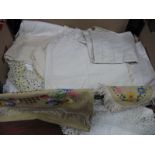Early XX Century Linen Tablecloths, doilies, etc:- One Box