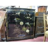 A Black Lacquer TV Cabinet, with bird decoration, cupboard doors, with brass lockplate, 94cm wide