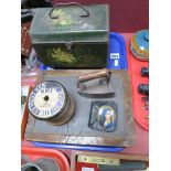 A Victorian School Slate Board, Victorian biscuit tin, cast iron flat iron, large N.M.T cotton