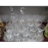 Thistle and Bell Shaped Glass Decanters, drinking glasses, etc:- One Tray